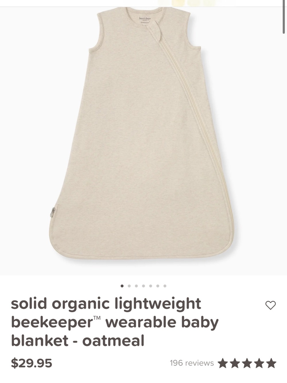 Burts Bees Oatmeal Organic Wearable Baby Blanket-NWOT- Small